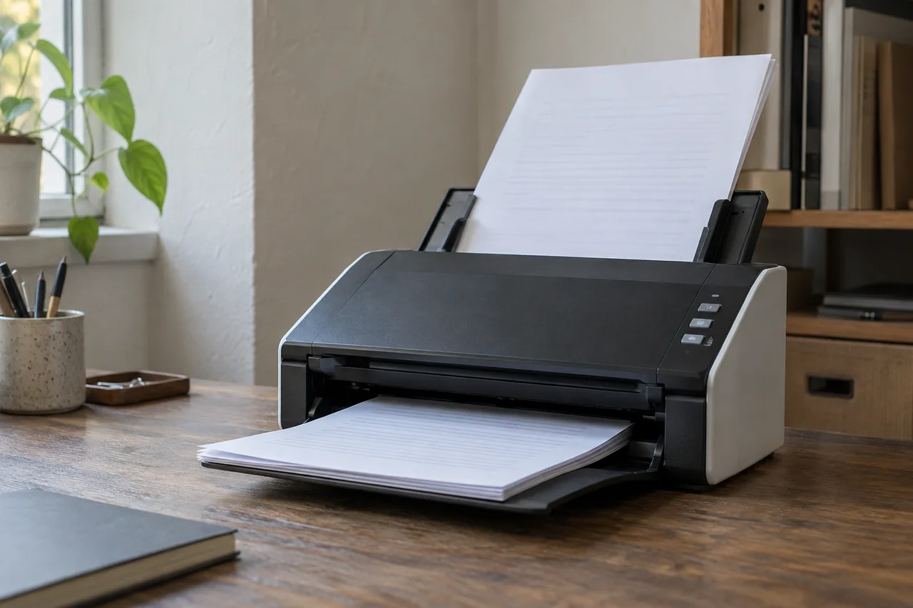 A desktop document scanner with paper in its feeder and output tray.