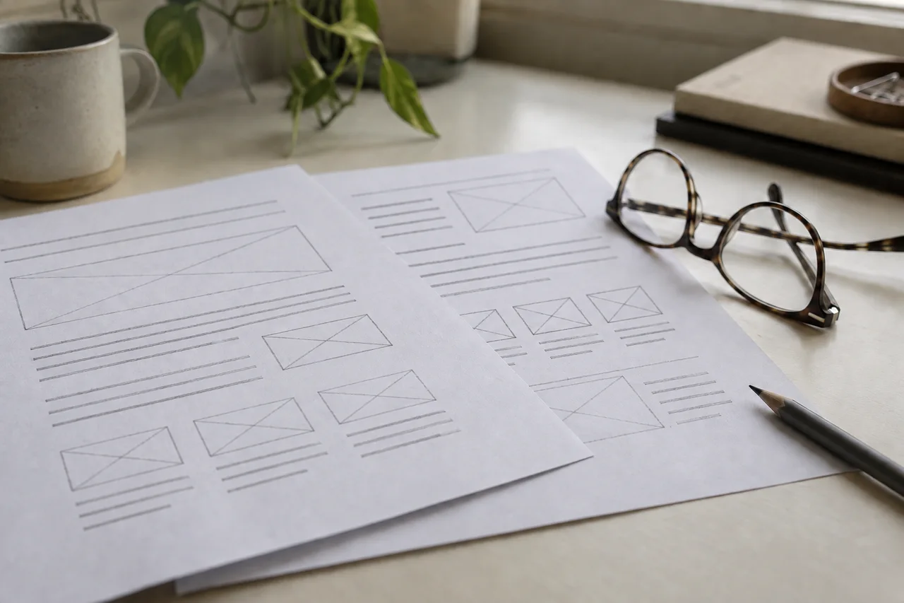 Two pencil page-layout studies beside reading glasses and a grey pencil.
