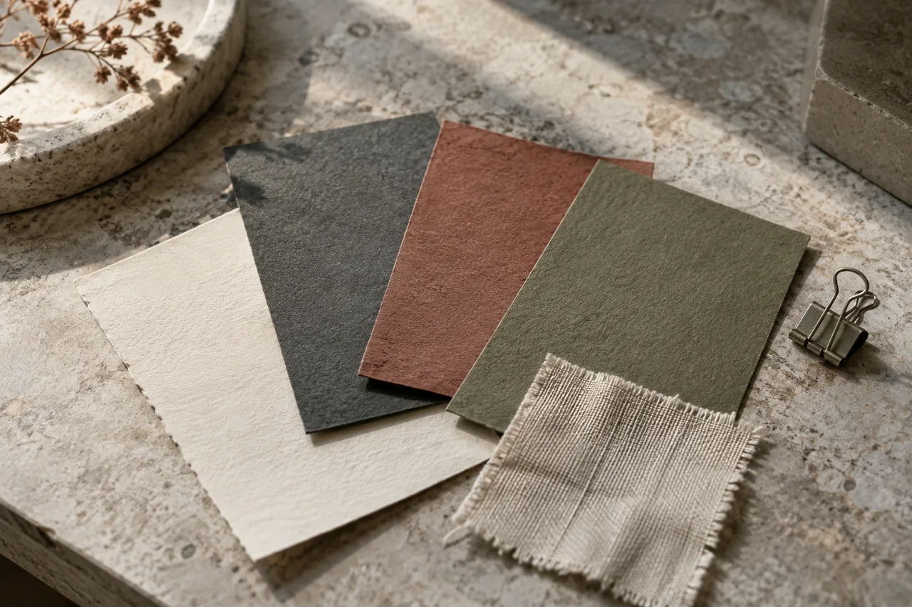 Ivory, graphite, terracotta and olive paper samples with a cotton swatch on stone.