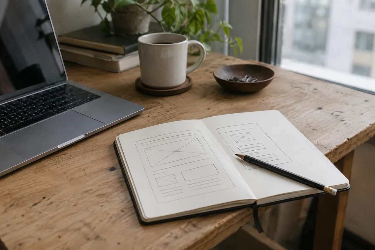 Pencil website wireframes in an open notebook beside a laptop on a wooden desk.