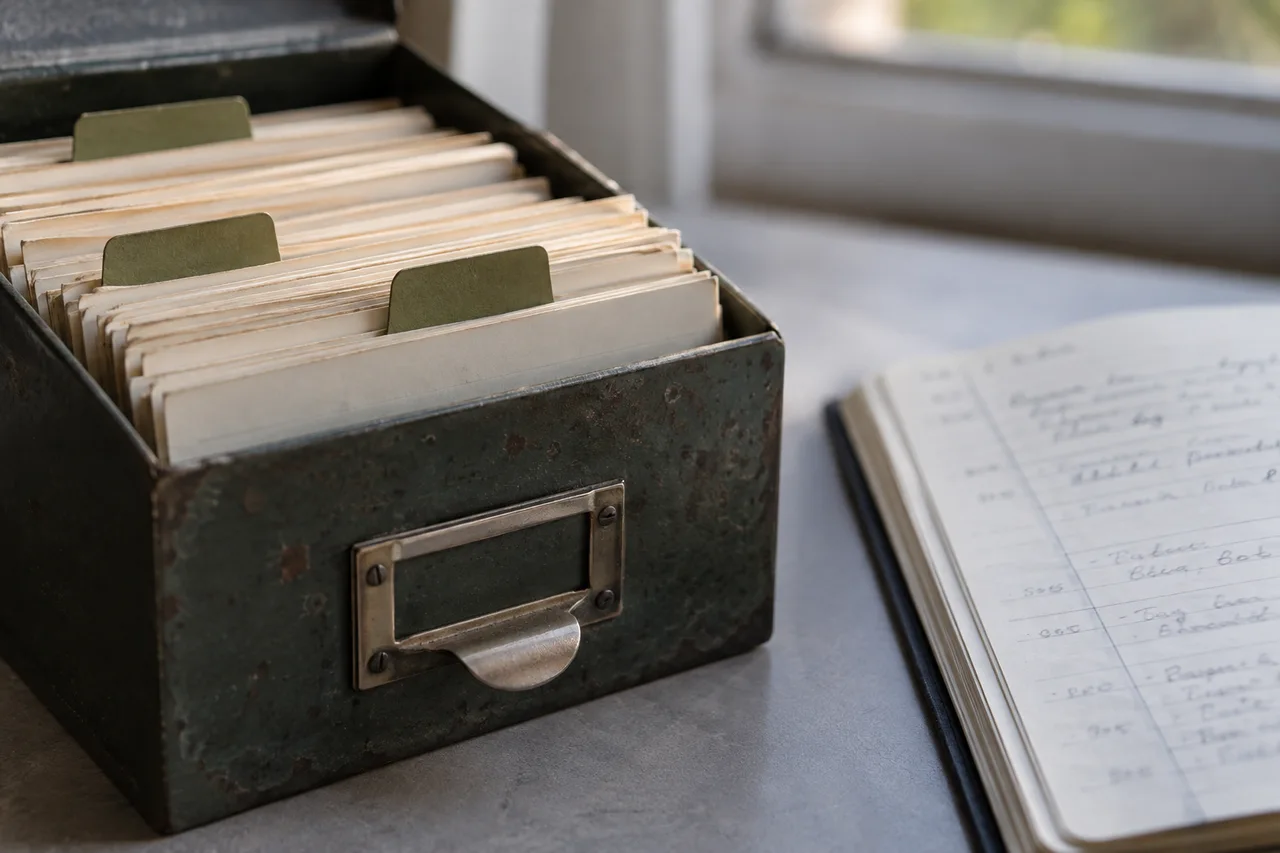 Index cards with olive dividers in a worn metal filing box beside an appointment notebook.